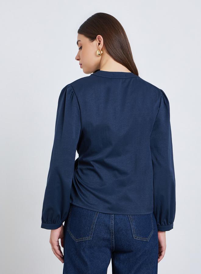 Styli Women Navy Blue Balloon Sleeve Wrap Top - Image 4